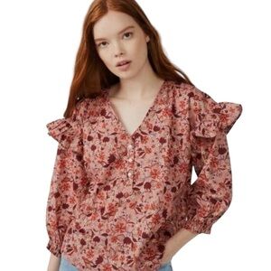 Free Assembly Ruffle Sleeve Boho Floral Peasant Button Top